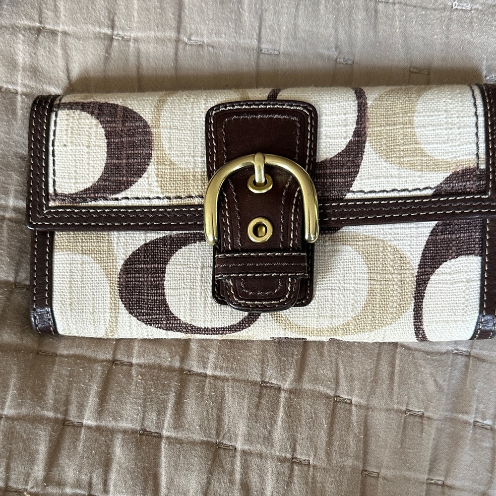 Coach Canvas Wallet in Cream and Brown with Buckle Accent